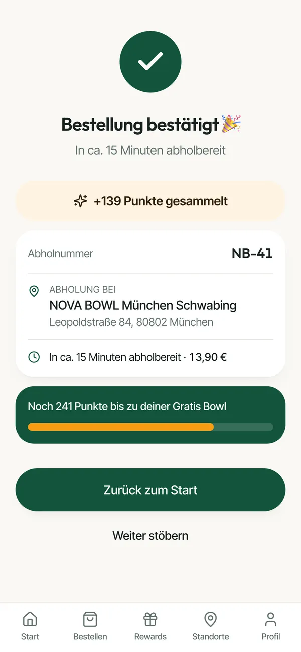 NOVA BOWL (Beispielmarke): Bestellbestätigung mit Abholnummer und gesammelten Punkten