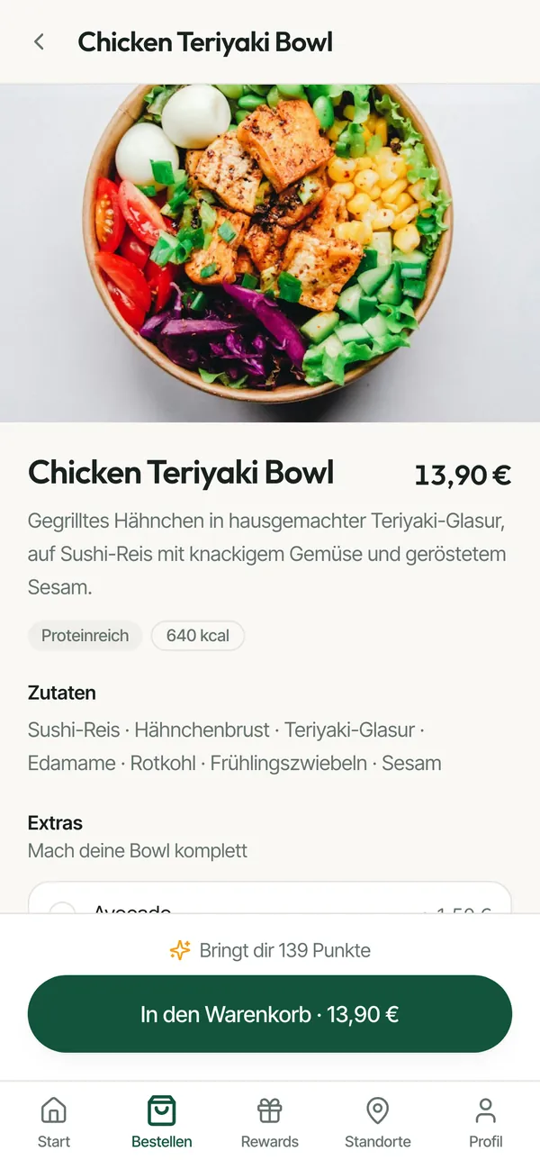NOVA BOWL (Beispielmarke): Detailansicht eines Gerichts mit Zutaten und Extras