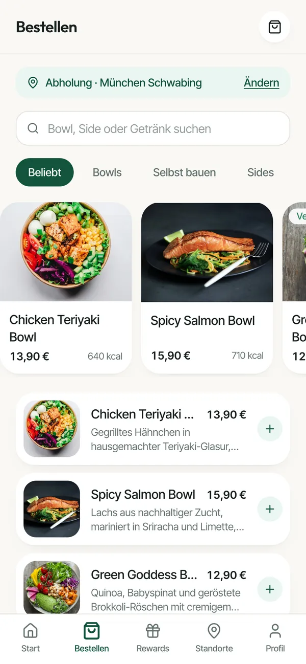 NOVA BOWL (Beispielmarke): Speisekarte mit Kategorien und Abholort