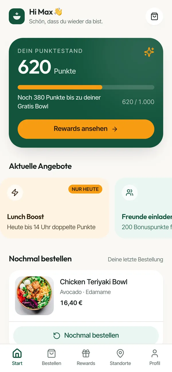 NOVA BOWL (Beispielmarke): Startseite mit Punktestand, Angeboten und letzter Bestellung