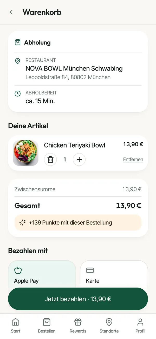 NOVA BOWL (Beispielmarke): Warenkorb mit Abholung und Bezahlung